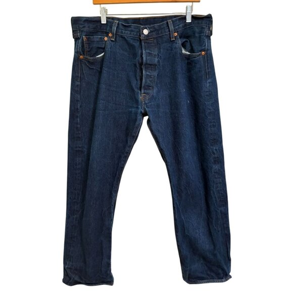 Levis 505 Mens Indigo Wash Jeans Button Fly 36x30 Waterless Cotton Denim Pre-Lov - Picture 1 of 10